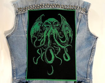 green Cthulhu, back patch, canvas patch, back patch,  punk, DIY, battle vest, goth, witchcraft, cloth patch, Cthulhu, Kraken, Lovecraft