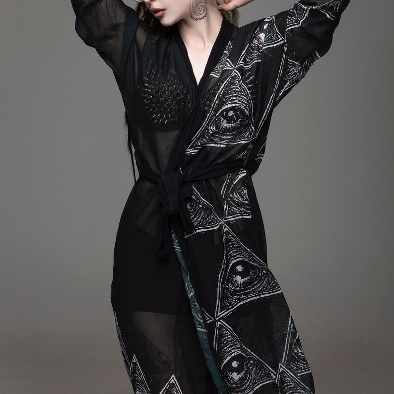 all seeing eye, black kimono, peignoir, sexy robe, occult robe, gothic robe, black robe, sheer robe, beach cover, occult fashion, gothic image 10