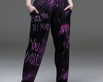 Fuck you, its magic, unicorn, comfy pants,  unicorn pants, pjs, goth, nugoth, occult, witchy, occult pyjamas, unicorn pyjamas, pastel goth