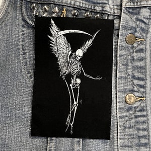 reaper patch, cloth patch, death patch, scythe, skeleton, angel, canvas patch, wings, death, punk, goth, DIY, battle vest, angel of death