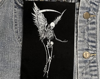 reaper patch, cloth patch, death patch, scythe, skeleton, angel, canvas patch, wings, death, punk, goth, DIY, battle vest, angel of death