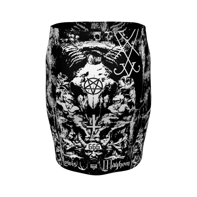 May include: Black and white mini skirt with a skull, pentagram, cross, and the number 666 printed on it. The text "Lewis Mayhem" is printed at the bottom.