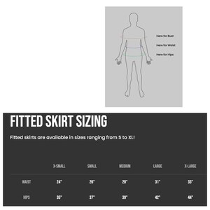 May include: A chart showing fitted skirt sizing for women. The chart shows measurements for waist and hips in inches for sizes X-Small, Small, Medium, Large, and X-Large.