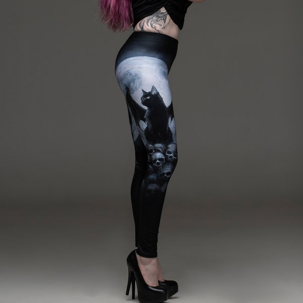 Cat Leggings, bat cat leggings, moon leggings, moon cycle, cat clothes, cat, skull leggings, yoga tights, gothic leggings, black cat, witch