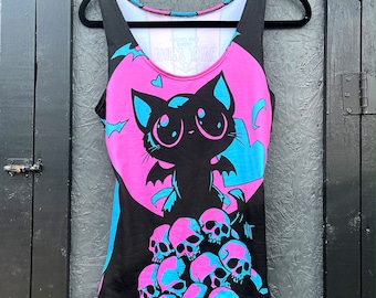 baby mina tank, bat cat shirt, bat cat, fitted tank, baby goth, nugoth, cute cat, kitten, pink, cyan, baby cat, baby cat tank, winged cat