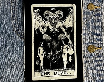 devil tarot card, black and white, patch, satanic patch, as above so below, Lucifer, Satan, canvas patch, cotton patch, fabric patch, DIY