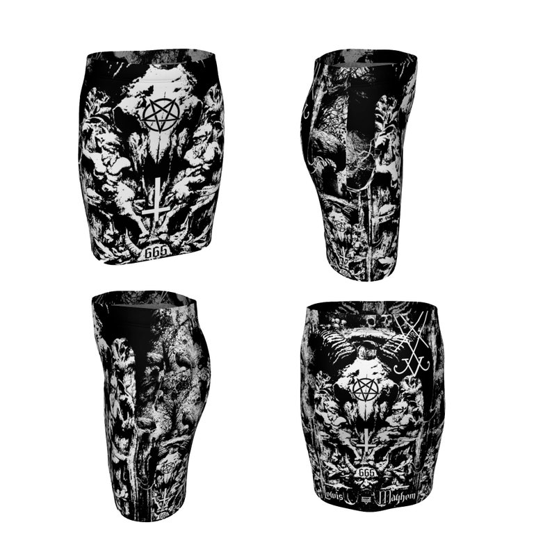 May include: Black and white mini skirt with a skull and crossbones design. The skirt features a pentagram, the number 666, and the words "Chaos" and "Mayhem".