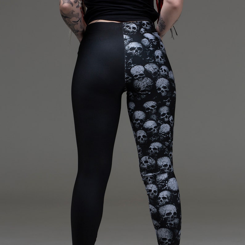 skulls, split leg, leggings, skull leggings, skull, all over print, skull all over, gothic leggings, goth leggings, occult, yoga, punk, image 3