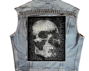 Calavera binaria, parche para la espalda, parche de calavera, cibernético, tecno, parche de tela, parche de lona, binario, punk, parche, bricolaje, parches, tecnología, código, cibergótico