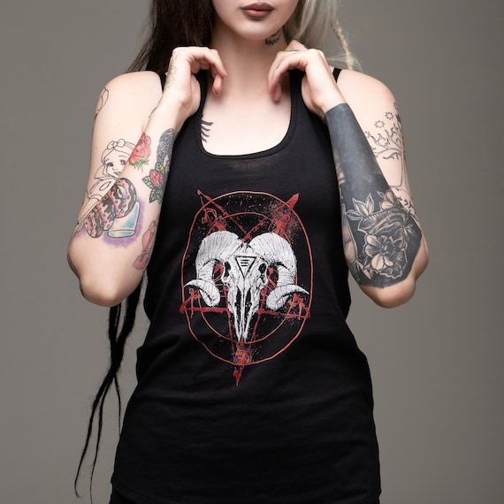 satanic, ram skull, racer back, tank, satanic tank, satanic shirt, satanic, satan, devil, Lucifer, ram, skull, evil, goth, metal, occult
