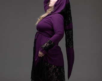purple goddess robe, hooded dress, loose dress, wiccan robe, pagan dress, festival clothing, witch dress, gothic dress, pagan wear, lace