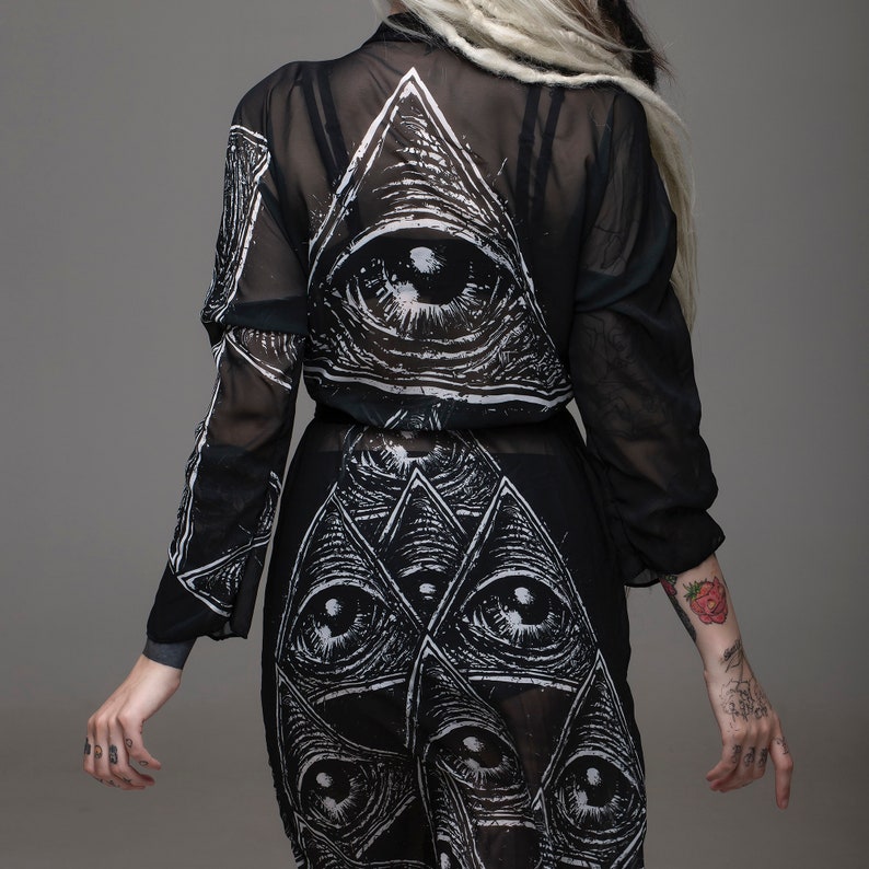 all seeing eye, black kimono, peignoir, sexy robe, occult robe, gothic robe, black robe, sheer robe, beach cover, occult fashion, gothic image 3