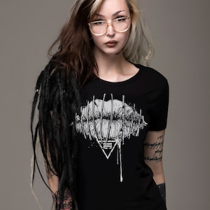 Stitched Lips, womens tee, womens shirt, occult tee, lips, stitch, stitched, stitches, goth tee, gothic tee, girls, black tee, punk tee,