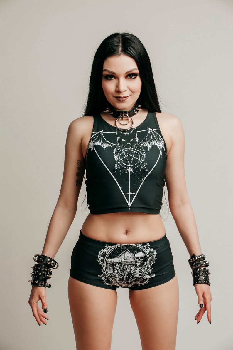 American Gothic, mini shorts, occult clothing, skeletons, skeleton booty shorts, booty shorts, shot shorts, skull, occult clothing, gothic image 4