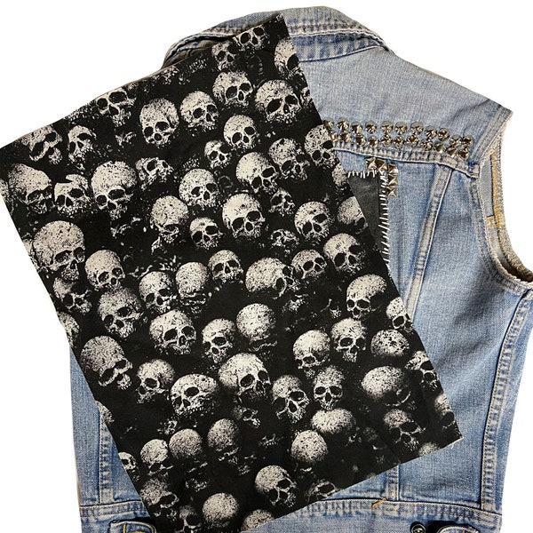 skull print fabric, designer fabric, skull print, all over print, skull fabric, battle vest, side panel, gothic fabric, canvas patch, diy