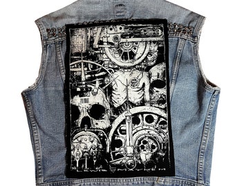 angst motor 1, Rugopnaaier, angst, machine, canvas patch, doek patch, versnellingen, steampunk, mechanisch, patches, badge, DIY, punk patch, punk,