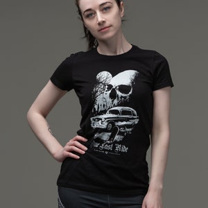 hearse, one last ride, womens tee, hearse tee, halloween, goth tee, rockabilly, car, car club, hearse art, coffin, funeral, gothic, goth
