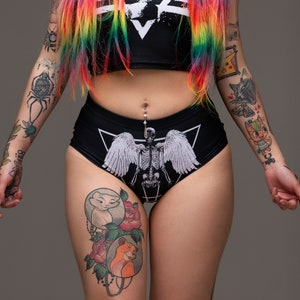 mayhem angel, mini shorts, lewis mayhem, booty shorts, occult fashion, goth fashion, skeleton, skeleton booty shorts, angel, goth, nugoth