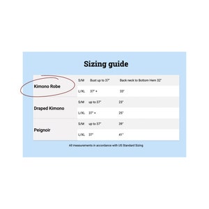 May include: Sizing guide for a Kimono Robe, Draped Kimono, and Peignoir. The chart shows bust measurements in inches and back neck to bottom hem measurements in inches.