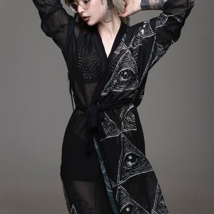 all seeing eye, black kimono, peignoir, sexy robe, occult robe, gothic robe, black robe, sheer robe, beach cover, occult fashion, gothic image 7