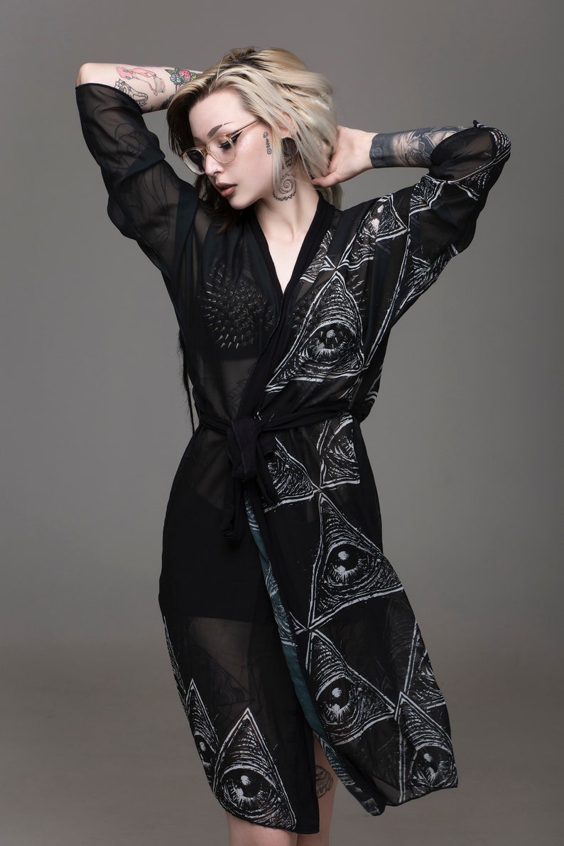 all seeing eye, black kimono, peignoir, sexy robe, occult robe, gothic robe, black robe, sheer robe, beach cover, occult fashion, gothic image 7