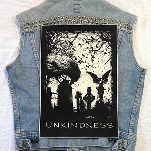 May include: Black and white iron-on patch with a gothic design. The patch features a crow, a graveyard, and the text "LEVIATHAN MAYHEM UNKINDNESS".