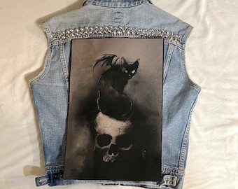 Mina Dark Thoughts Greys back patch, cat back patch, cat patch, canvas patch, cloth patch, black, bat cat, bat cat back patch, battle vest