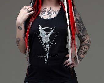 May include: Black tank top with a graphic of a skeleton with wings in a triangle. The text "Lewis Mayhew" is printed below the graphic.