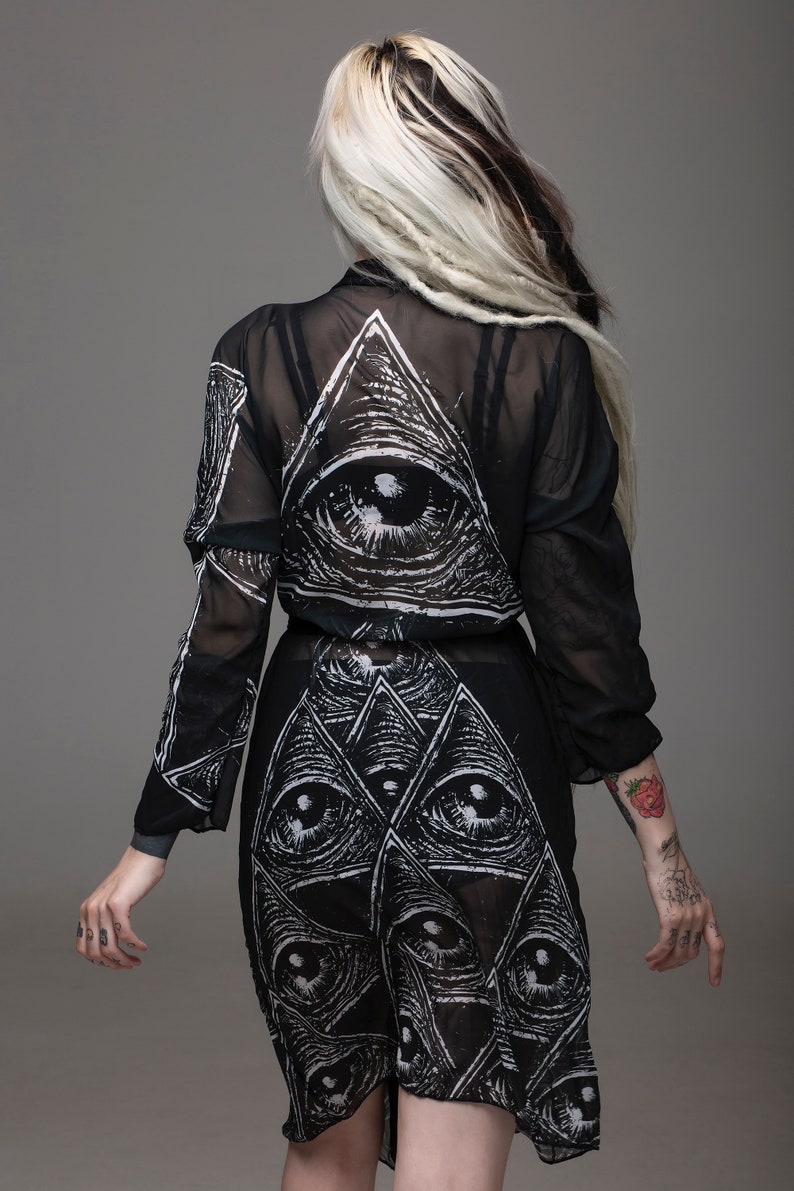 all seeing eye, black kimono, peignoir, sexy robe, occult robe, gothic robe, black robe, sheer robe, beach cover, occult fashion, gothic image 8