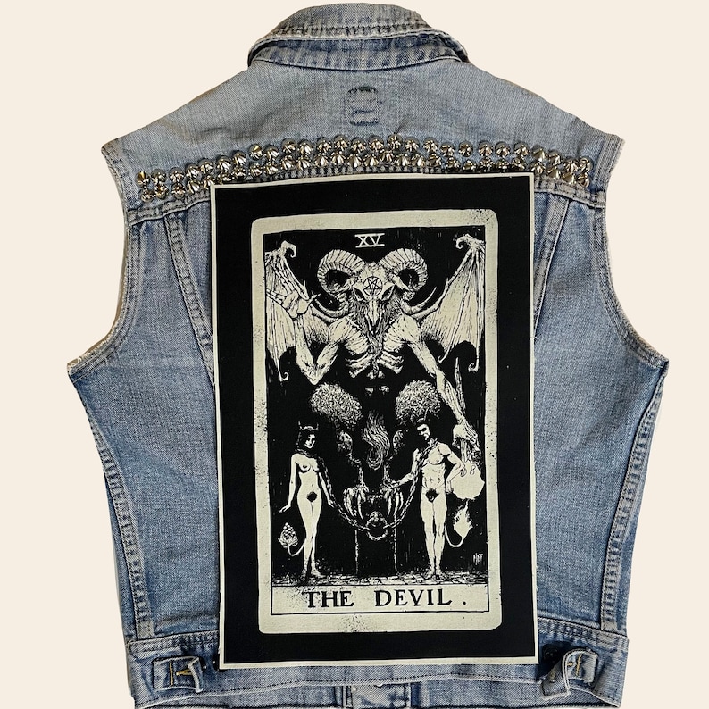Carta del tarot del diablo, blanco y negro, parche trasero, parche del diablo, Lucifer, parche de lona, parche grande, parche, como es arriba es abajo, Satanás, tarot, bricolaje imagen 1