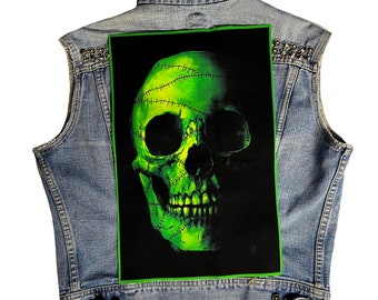 groene schedel, patch op achterkant, schedelpatch, punkpatch, patches, canvas patch, achterkant schedel, doe-het-zelf, punk, gevechtsvest, gothic, schedels, skelet
