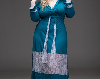 Teal Goddess robe,  hooded dress, loose dress, wiccan robe, pagan dress, festival clothing, teal, gothic dress, pagan wear, lace, summer