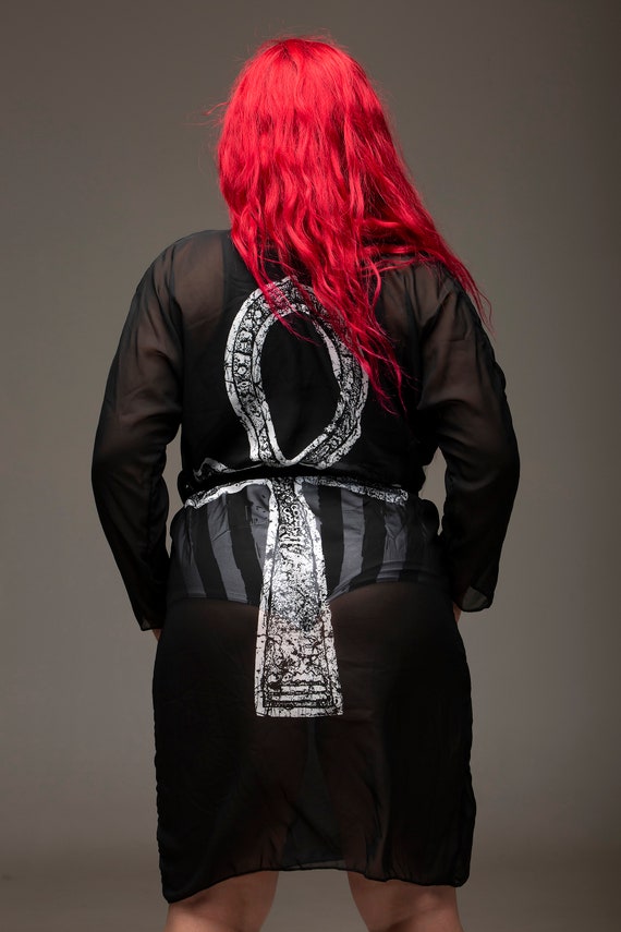 Ankh Kimono, sexy robe, Egyptian, ankh, death, occult symbols, life, Egyptian symbols, sexy robe, black robe, black kimono, peignoir, gothic