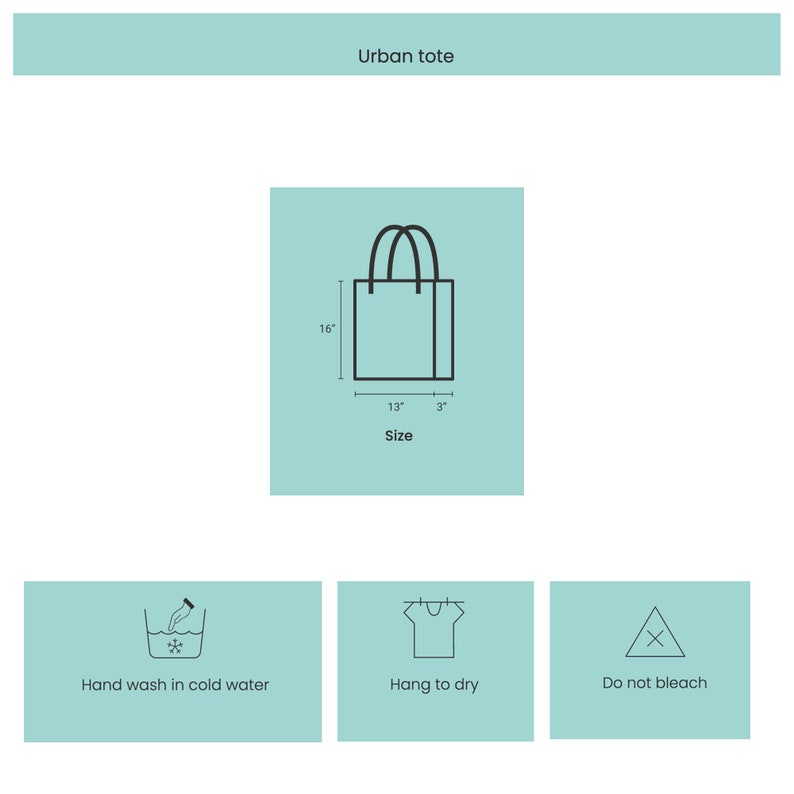 May include: A black and white line drawing of a tote bag with the dimensions 16 inches by 13 inches by 3 inches. The text "Urban tote" and "Size" are also included in the image. The image also includes three icons: a bucket with water and a snowflake, a t-shirt hanging on a clothesline, and a triangle with an X inside. The text "Hand wash in cold water", "Hang to dry", and "Do not bleach" are below the icons.