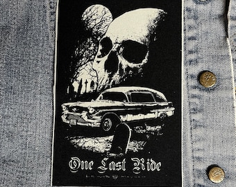un ultimo giro, carro funebre, toppa, toppa per carro funebre, toppa in tela, toppa in stoffa, distintivi, toppe, fai da te, rockabilly, carro funebre del 1957, vecchia auto, gotico, goth