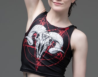 satanic, ram skull, crop, goth crop top, satanic crop, ram skull crop, active wear, yoga, goth, nugoth, metal, punk, crop top, occult,