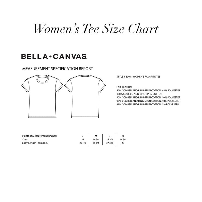 K&ouml;nnte beinhalten: Eine Gr&ouml;&szlig;entabelle f&uuml;r Damen-T-Shirts, die die Ma&szlig;e in Zoll f&uuml;r Brustumfang und K&ouml;rperl&auml;nge vom h&ouml;chsten Punkt der Schulter anzeigt. Die Tabelle umfasst die Gr&ouml;&szlig;en S, M, L und XL. Der Stoff wird als 52% gek&auml;mmte und ringgesponnene Baumwolle, 48% Polyester, 100% gek&auml;mmte und ringgesponnene Baumwolle, 90% gek&auml;mmte und ringgesponnene Baumwolle, 10% Polyester, 99% gek&auml;mmte und ringgesponnene Baumwolle, 1% Polyester beschrieben.