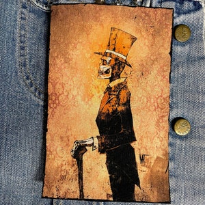 May include: A vintage-style illustration of a skeleton wearing a top hat and suit, holding a cane. The background is a faded orange and brown with a subtle pattern.