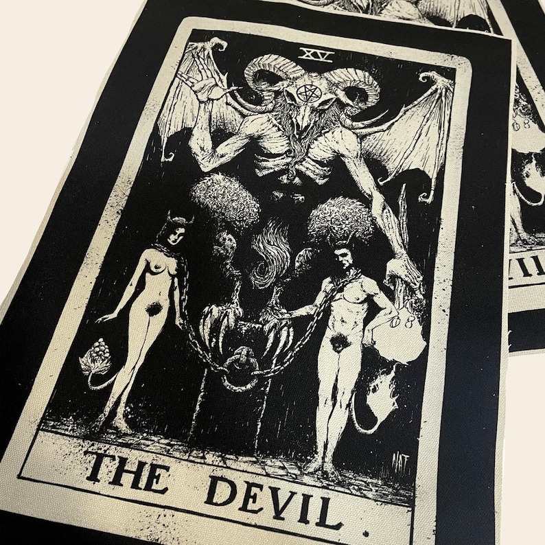 Carta del tarot del diablo, blanco y negro, parche trasero, parche del diablo, Lucifer, parche de lona, parche grande, parche, como es arriba es abajo, Satanás, tarot, bricolaje imagen 8