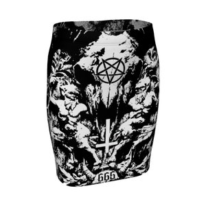 May include: Black and white skirt with a graphic print of a pentagram, a cross, and the number 666. The print is reminiscent of a vintage woodcut.