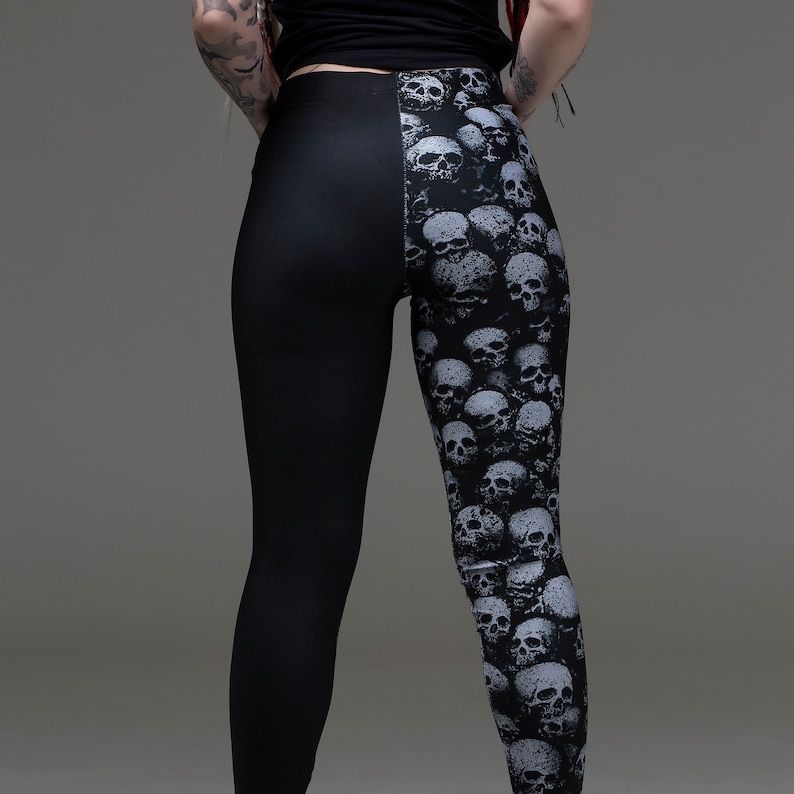 skulls, split leg, leggings, skull leggings, skull, all over print, skull all over, gothic leggings, goth leggings, occult, yoga, punk, image 8