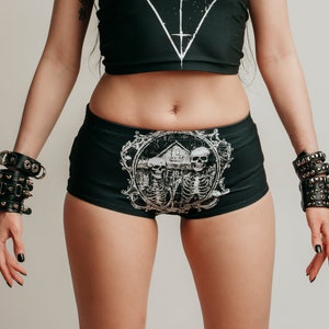 American Gothic, mini shorts, occult clothing, skeletons, skeleton booty shorts, booty shorts, shot shorts, skull, occult clothing, gothic image 2