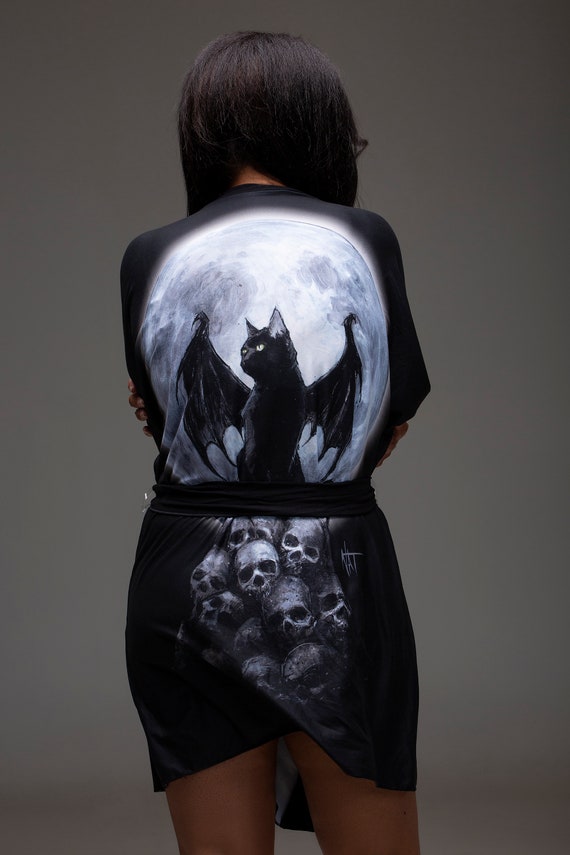 bat cat kimono, sheer, kimono, black kimono, black robe, black sheer robe, black cat, cat clothes, cat, bat cat, Nat Jones, Mina, full moon