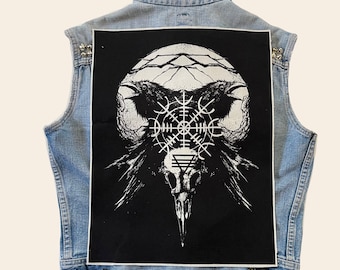 Odin's ravens back patch, ravens patch, crow patch, birds, black birds, crow, ravens, norse, helm, viking helm patch, cloth patch, canvas