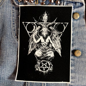 May include: Black and white patch featuring a detailed illustration of Baphomet, a goat-headed deity, seated within a triangle and crescent moons. The patch includes a pentagram at the base and is set against a black background.