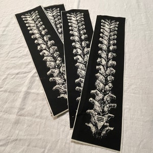 Op de afbeelding: Vier zwart-witte anatomische illustraties van de wervelkolom, gedrukt op stof. De wervelkolom is gedetailleerd en realistisch afgebeeld.