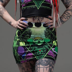 UFO, slim fit skirt, tight skirt, spandex skirt, mini skirt, space skirt, occult skirt, astronaut, spaceman, alien, festival, rave, bright,