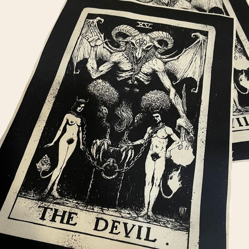 Carta del tarot del diablo, blanco y negro, parche trasero, parche del diablo, Lucifer, parche de lona, parche grande, parche, como es arriba es abajo, Satanás, tarot, bricolaje imagen 6