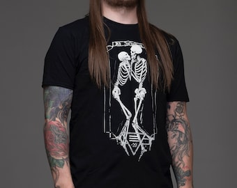 skeleton lovers tee, skeleton lovers, eternal embrace, lovers, Nat Jones, Lewis Mayhem, occult shirt, occult cloths, goth shirt, gothic