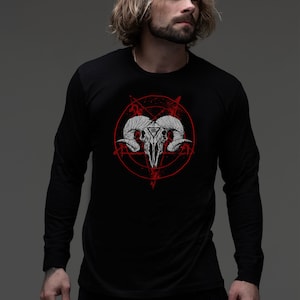 Satanic Ram Skull, long sleeve shirt, ram skull shirt, metal, metal tee, pentacle, skull, skull tee, Nat Jones, occult, goth,